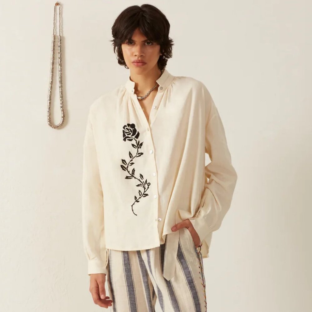 Alix Of Bohemia Kiki Noir Rose Embroidered Shirt in Ivory